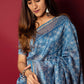 Silk Blue Handblock Printed Chanderi Saree - House of Ayuda