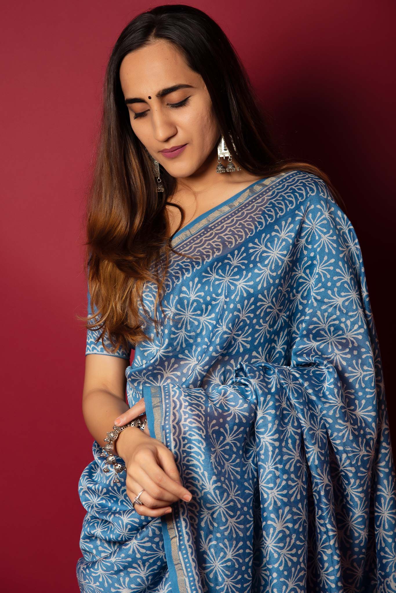 Silk Blue Handblock Printed Chanderi Saree - House of Ayuda