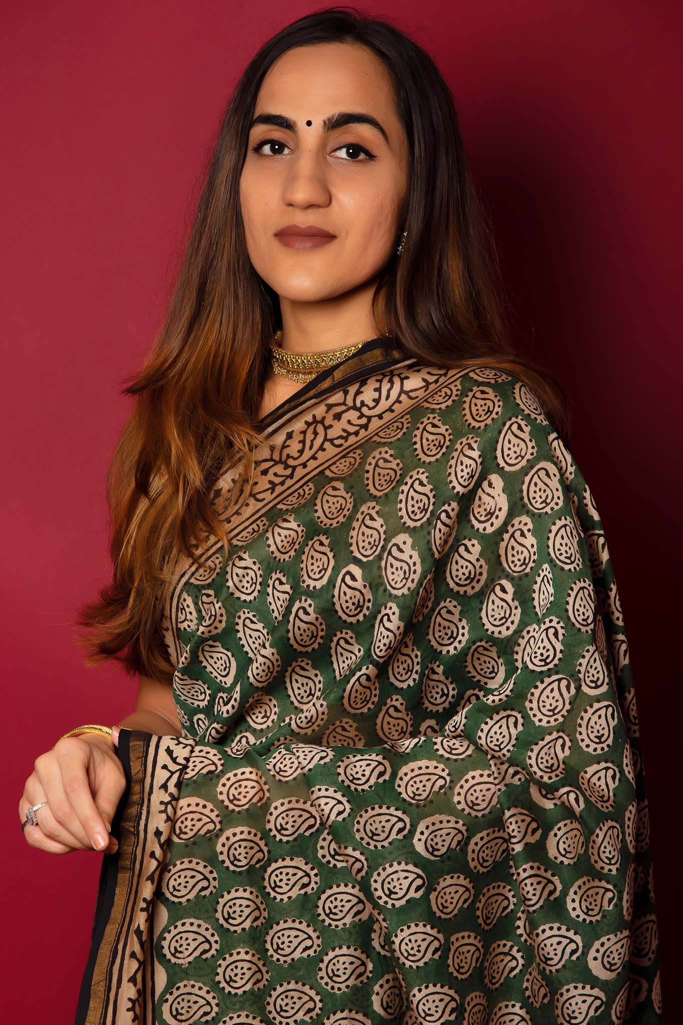 Charcoal Green Handblock Printed Chanderi Saree - House of Ayuda