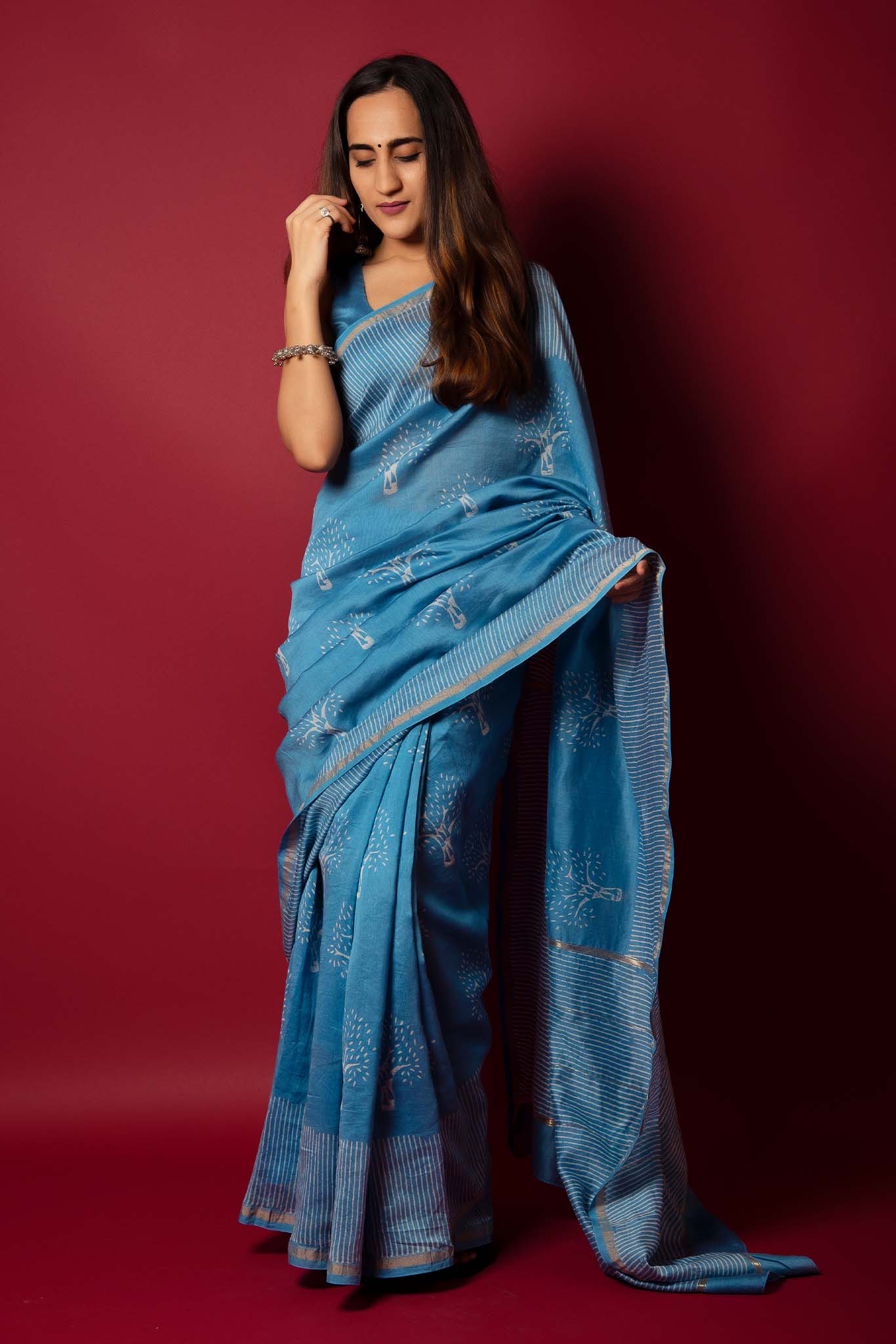 Glacial Blue Handblock Printed Chanderi Saree - House of Ayuda