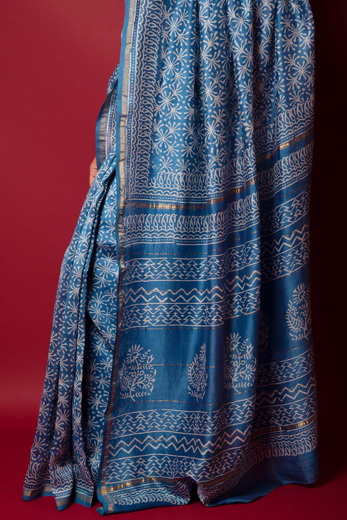 Silk Blue Handblock Printed Chanderi Saree - House of Ayuda