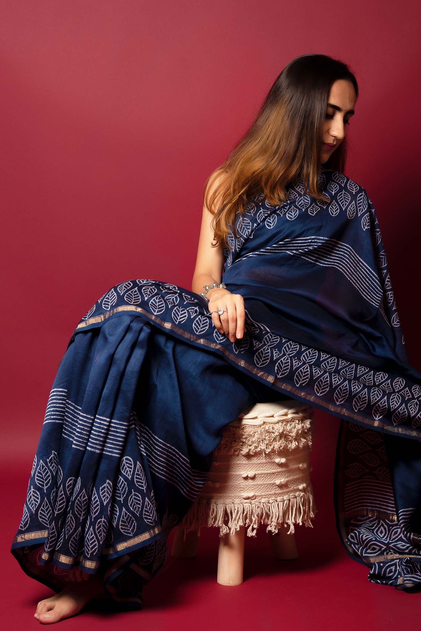 Blue Whale Handblock Printed Chanderi Saree - House of Ayuda