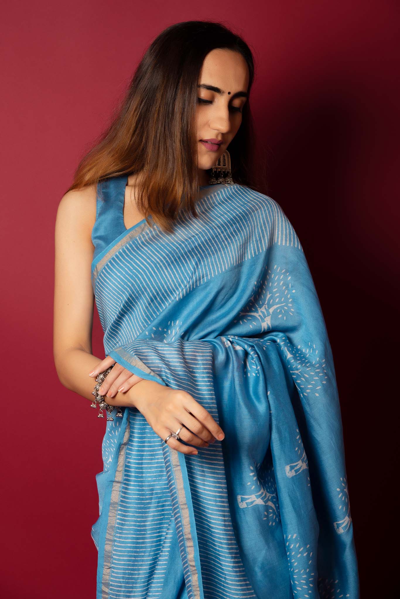 Glacial Blue Handblock Printed Chanderi Saree - House of Ayuda