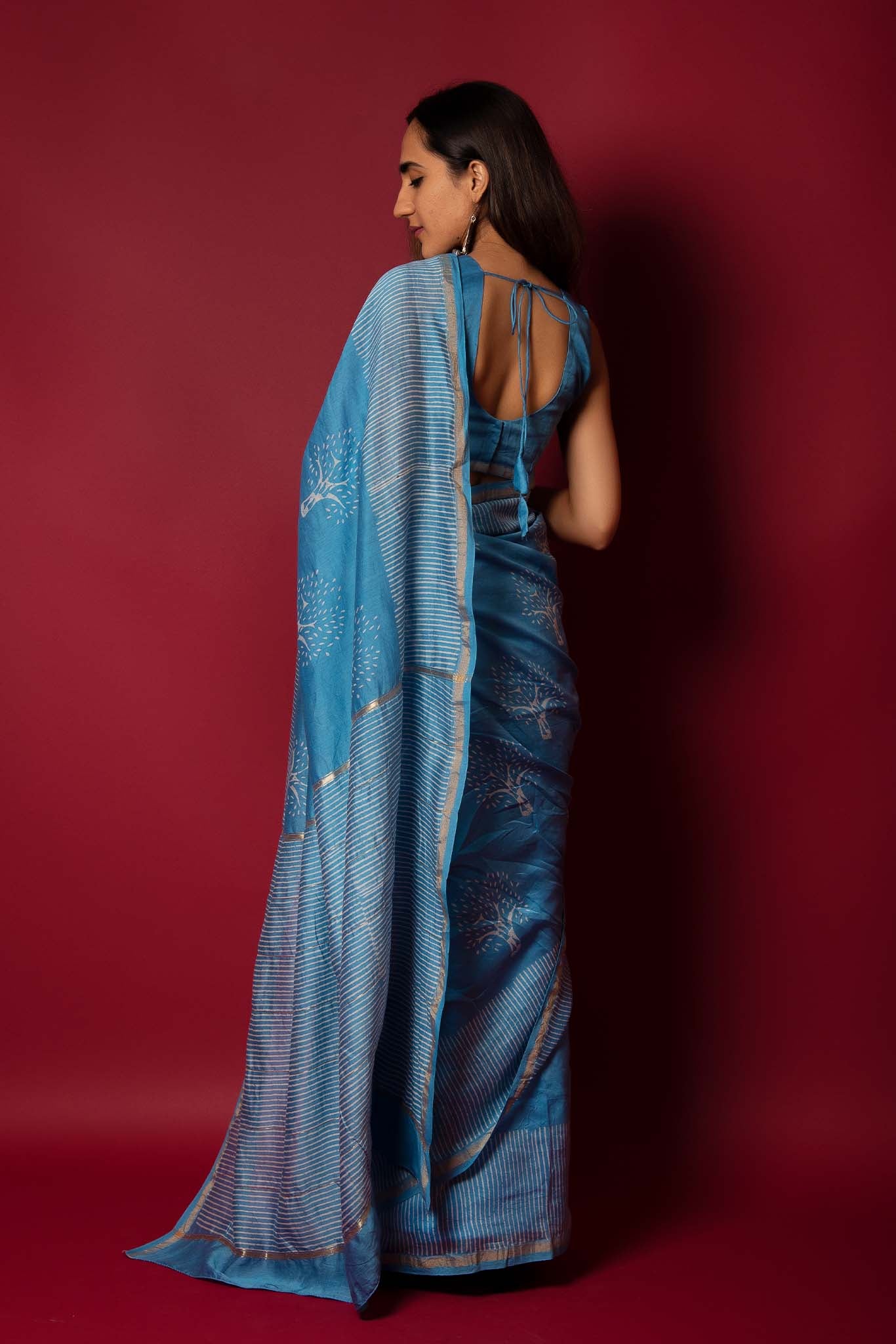 Glacial Blue Handblock Printed Chanderi Saree - House of Ayuda
