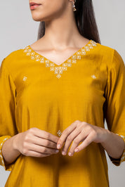 Satin Sheen Gold Silk Kurta Set - House of Ayuda