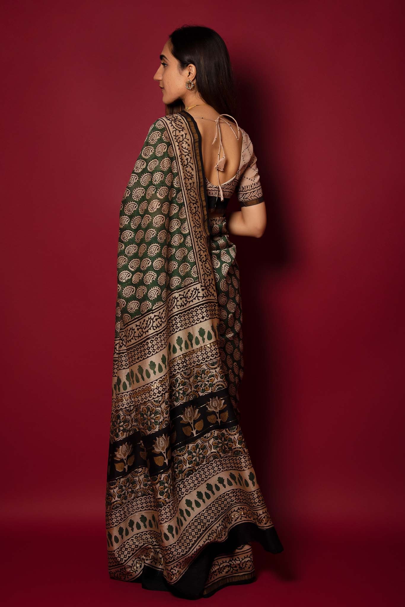 Charcoal Green Handblock Printed Chanderi Saree - House of Ayuda
