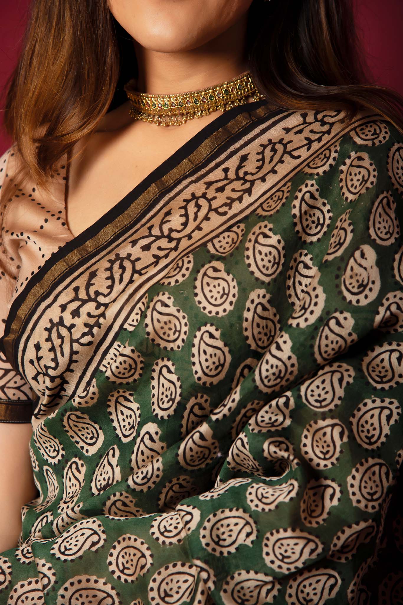 Charcoal Green Handblock Printed Chanderi Saree - House of Ayuda